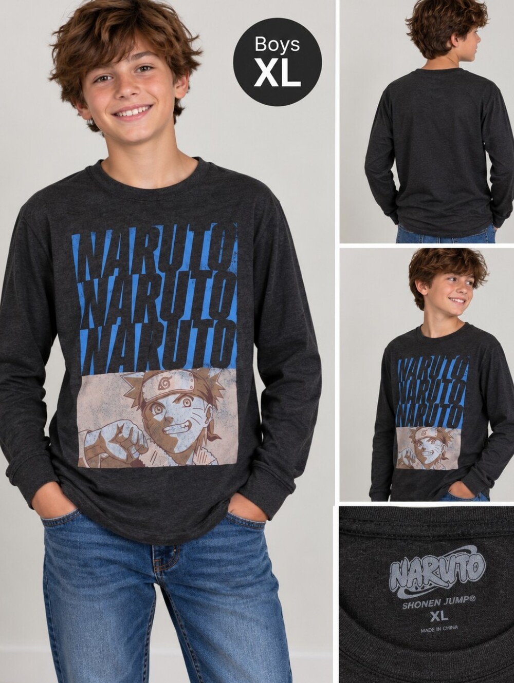 Naruto boys XL grey anime long sleeve shirt #28